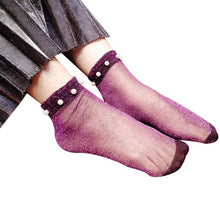 Hollow Out Socks Sexy Women Summer Elegant Pearl Glitter Soft Lace Fishnet Mesh Short Ankle Socks