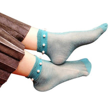 Hollow Out Socks Sexy Women Summer Elegant Pearl Glitter Soft Lace Fishnet Mesh Short Ankle Socks