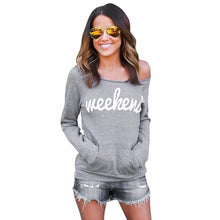 Fashion Gray Women Blouse 'Weekend'Letters Printed Strapless Long Sleeve Sweater Tops Shirt Blouse blusas camisas mujer#LSIN