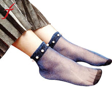 Hollow Out Socks Sexy Women Summer Elegant Pearl Glitter Soft Lace Fishnet Mesh Short Ankle Socks