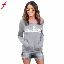 Fashion Gray Women Blouse 'Weekend'Letters Printed Strapless Long Sleeve Sweater Tops Shirt Blouse blusas camisas mujer#LSIN